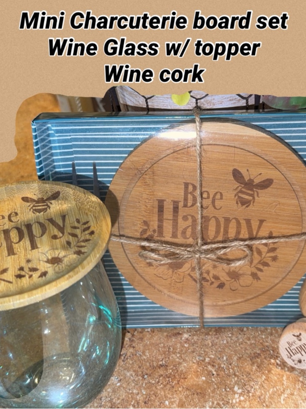 Bee Happy Mini Charcuterie Board Set with Glass Topper - Natural Wood